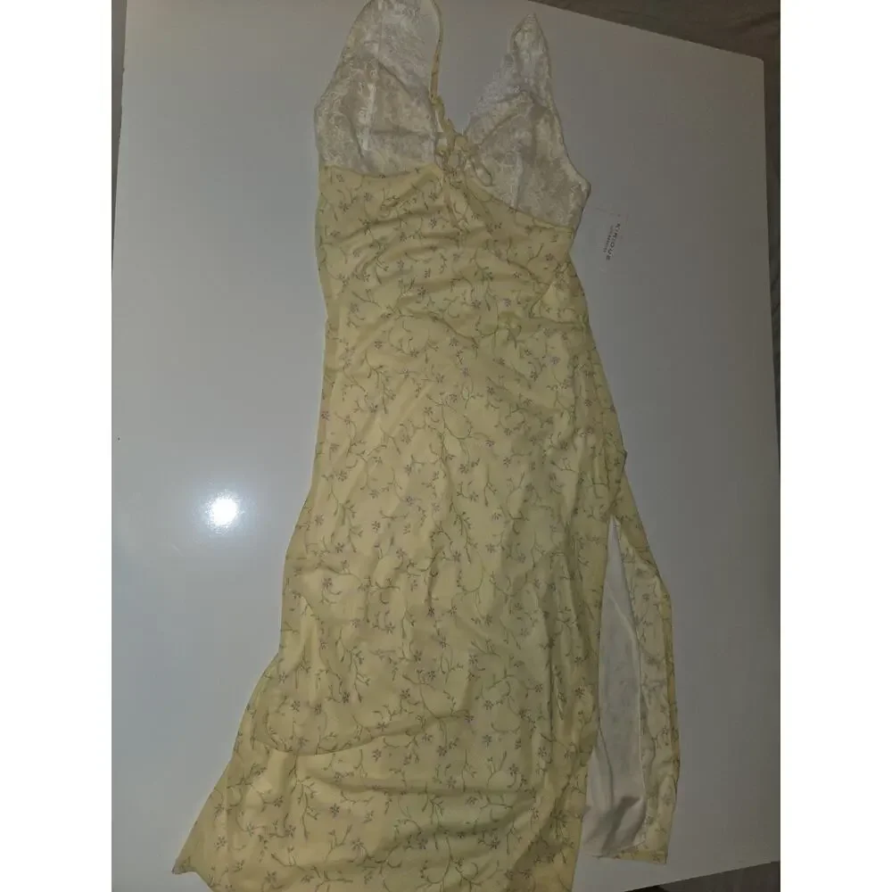 Kirious Los Angeles XL Yellow Floral Lace Maxi Dress Cottagecore Coquette Slit